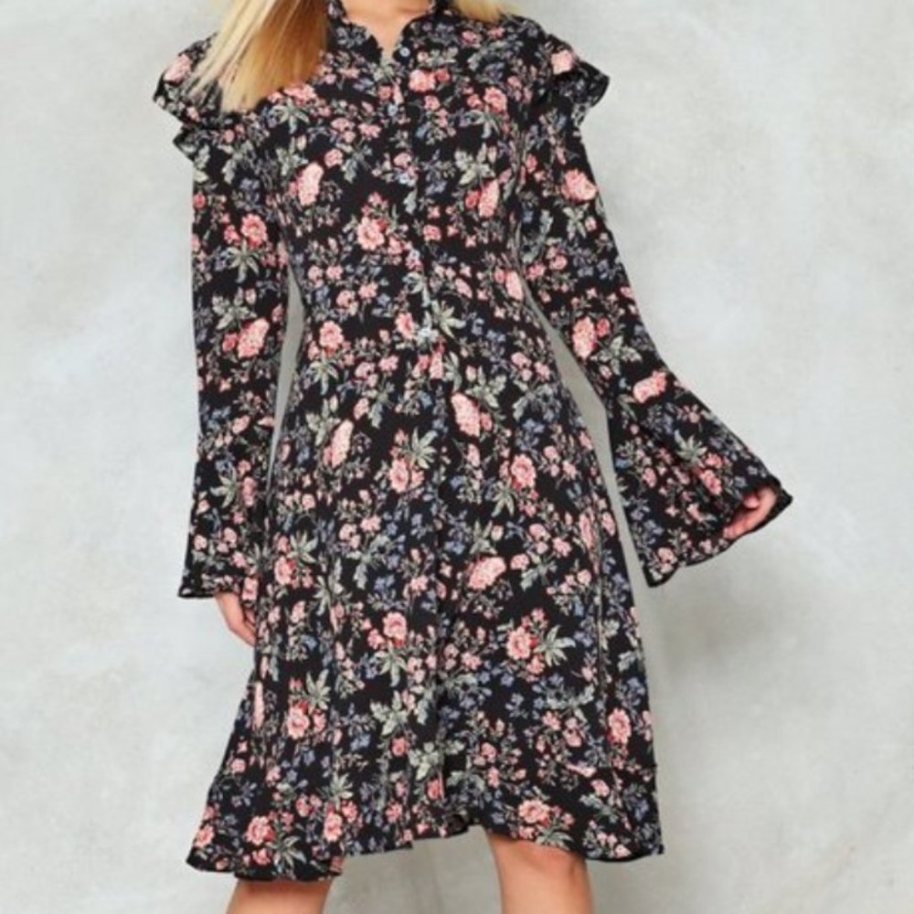 Floral Print Midi Dress with Bell Sleeves